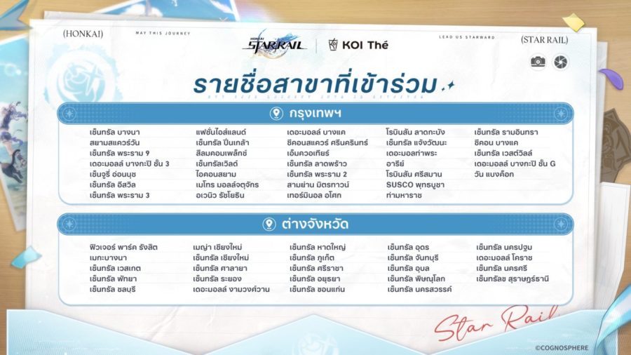 สาขาที่เข้าร่วมกิจกรรมคอลแลป Honkai: Star Rail x KOI Thé "Flavor of Memories"